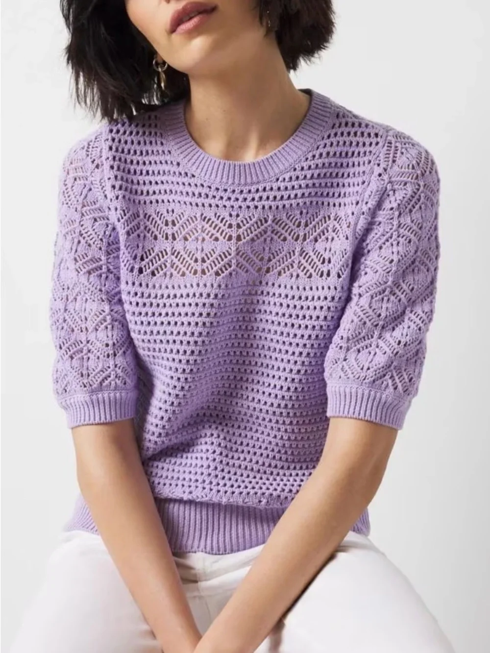 White House Black Market Lilac Puff Sleeve Pointelle Open Knit Sweater - Picture 1 of 9
